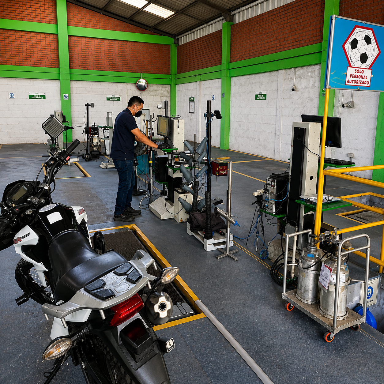 Técnico realizando la revisión técnico-mecánica de una motocicleta en CDA Arboletes